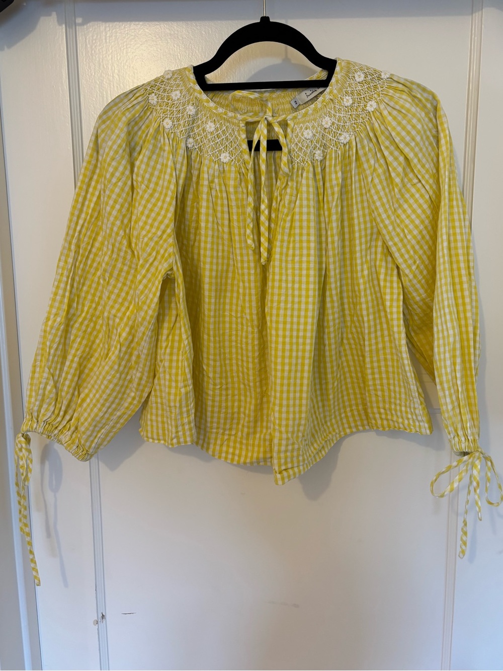 Innika Choo Yellow Gingham Tie-Neck Smocked Yoke Women's Top